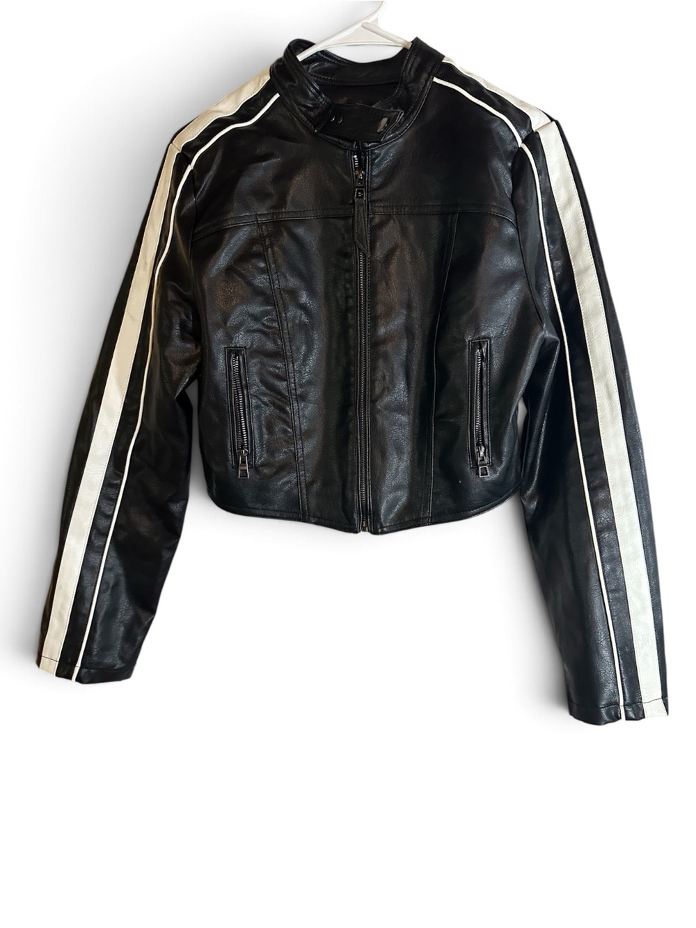 Love Tree Women’s M Black Biker Moto Jacket with White Stripe Accents